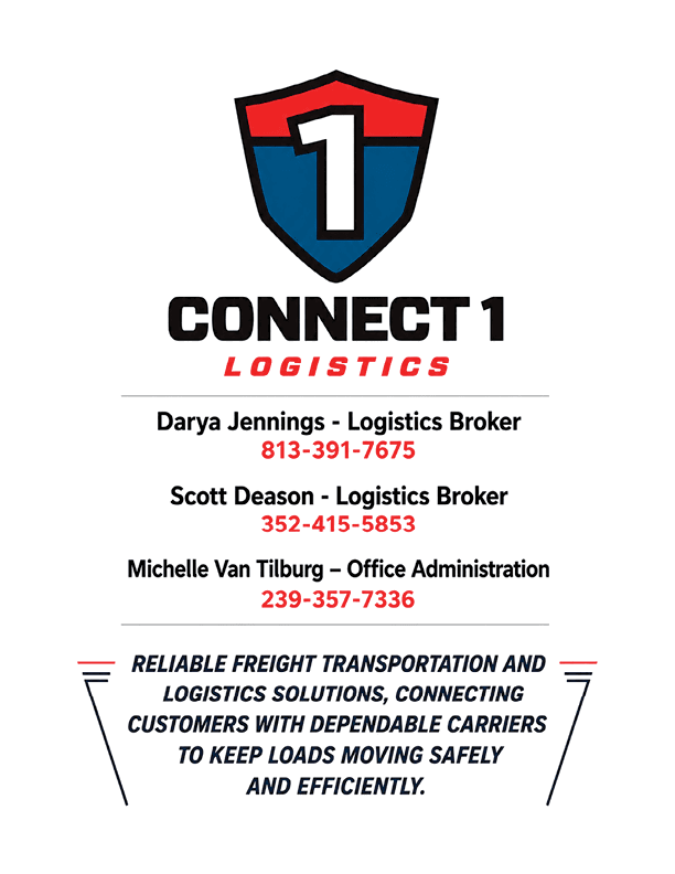A logo for Connect 1 Logistics features a shield with the number one, contact information for three logistics professionals, and a statement about reliable freight transportation and logistics solutions. Descripci n generada con IA
