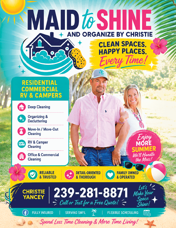 Two adults standing outdoors smiling with promotional text for a cleaning and organizing service offering residential, commercial, RV, and camper cleaning with contact information and colorful graphics. Descripci n generada con IA
