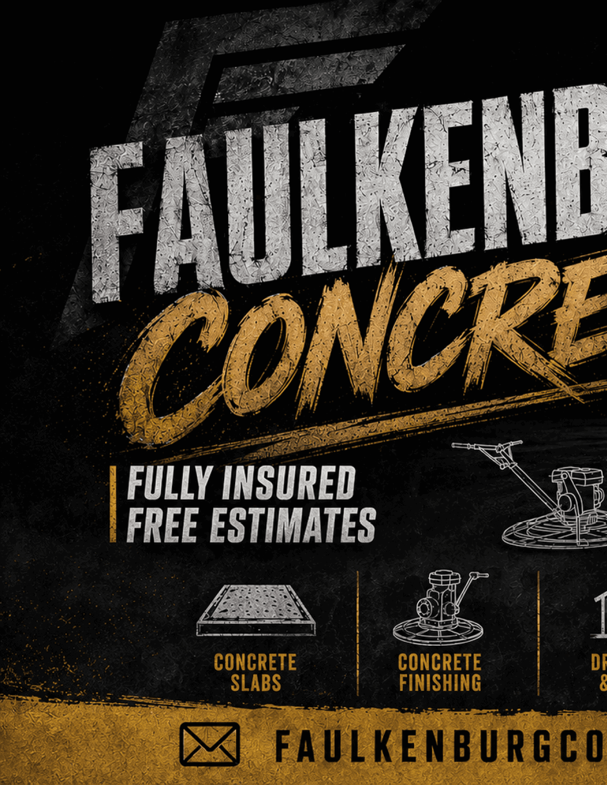 Bold text advertises Faulkenburg Concrete with services including concrete slabs, finishing, driveways, patios, and residential and commercial work, accompanied by an image of a concrete power trowel on a dark, cloudy construction site background. Descripci n generada con IA