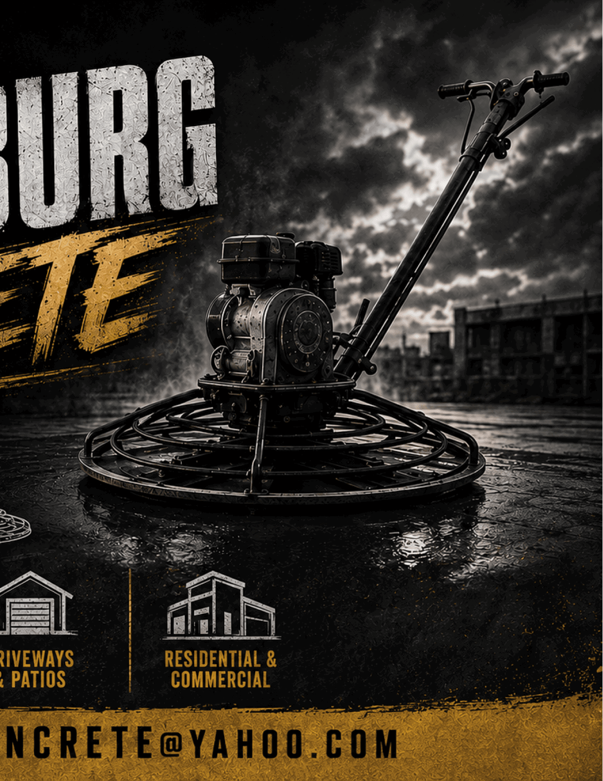 Bold text advertises Faulkenburg Concrete with services including concrete slabs, finishing, driveways, patios, and residential and commercial work, accompanied by an image of a concrete power trowel on a dark, cloudy construction site background. Descripci n generada con IA