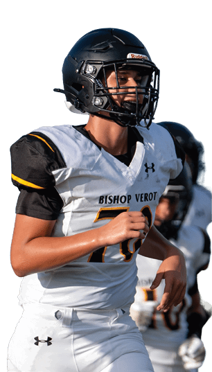 A person wearing a black helmet and white football uniform with “Bishop Verot" on the jersey is running on a football field. Descripci n generada con IA