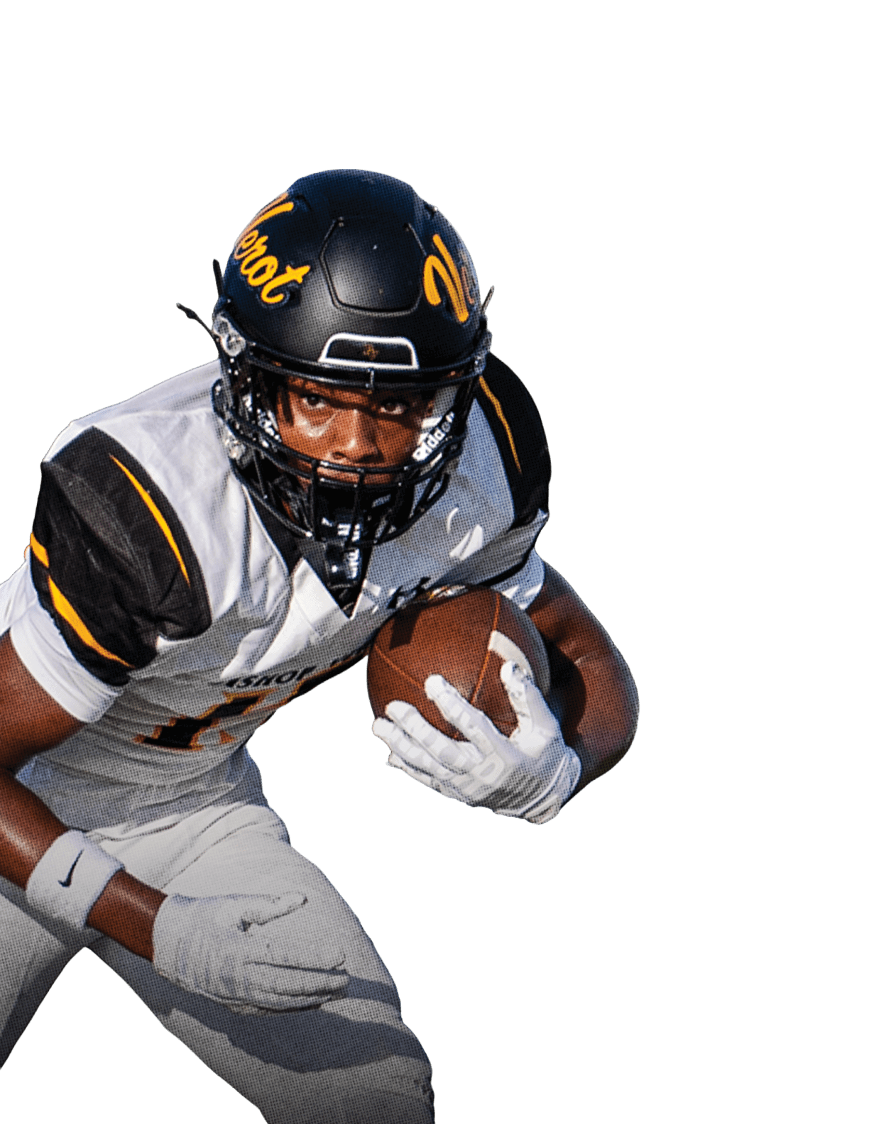A person wearing a black and yellow football helmet and white and black uniform is running while holding a football. Descripci n generada con IA