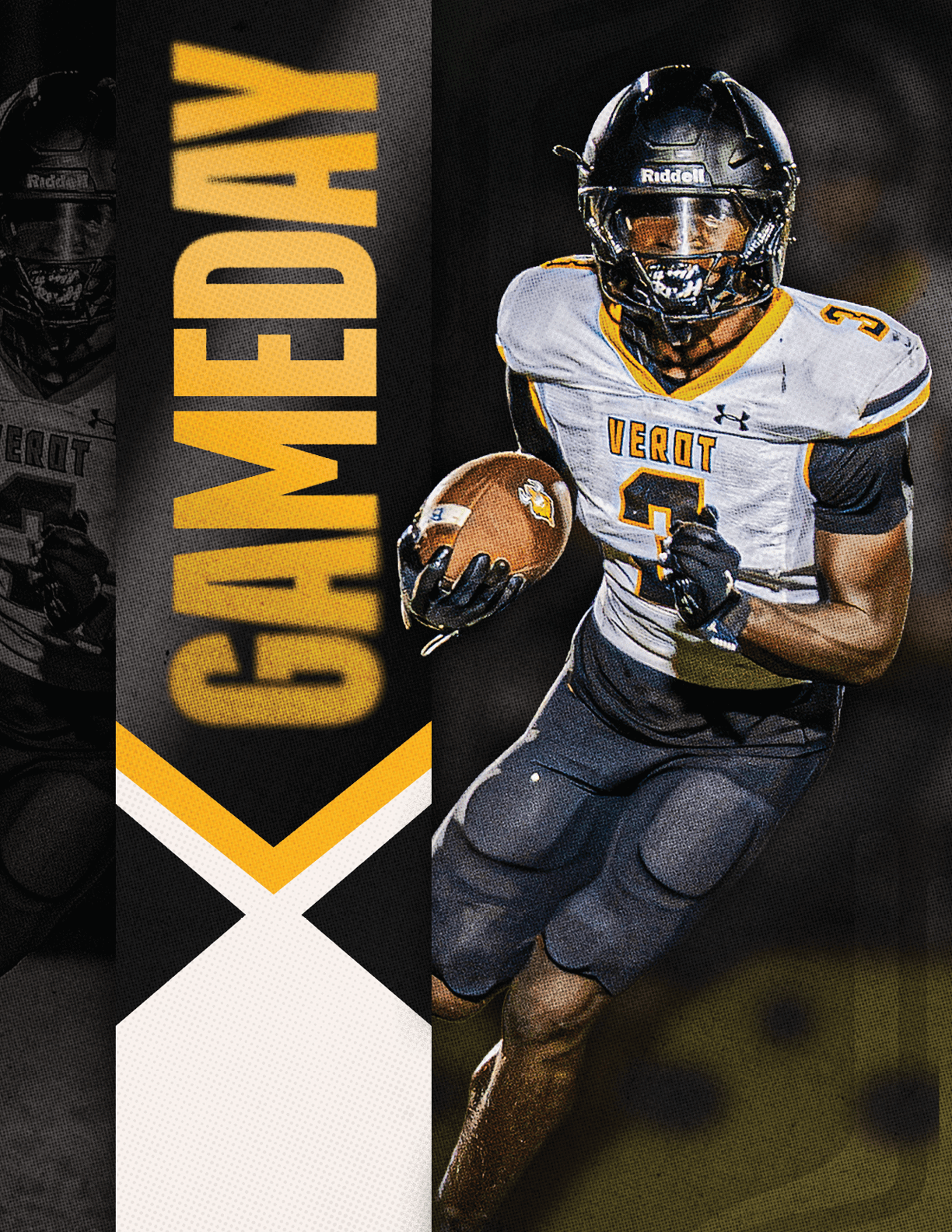 Two football players in white and black uniforms with yellow accents prepare for a play on a field with a vertical banner reading GAMEDAY beside them. Descripci n generada con IA