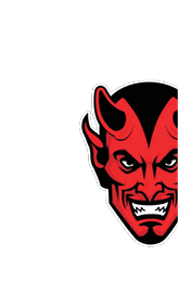 A stylized red and black devil face with sharp horns, intense eyes, and a menacing grin showing pointed teeth. Descripci n generada con IA