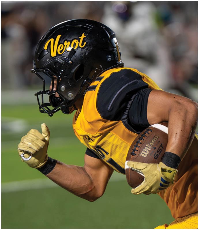 A person wearing a black and yellow football helmet and jersey is positioned on a field with a blurred background of other players and spectators. Descripci n generada con IA