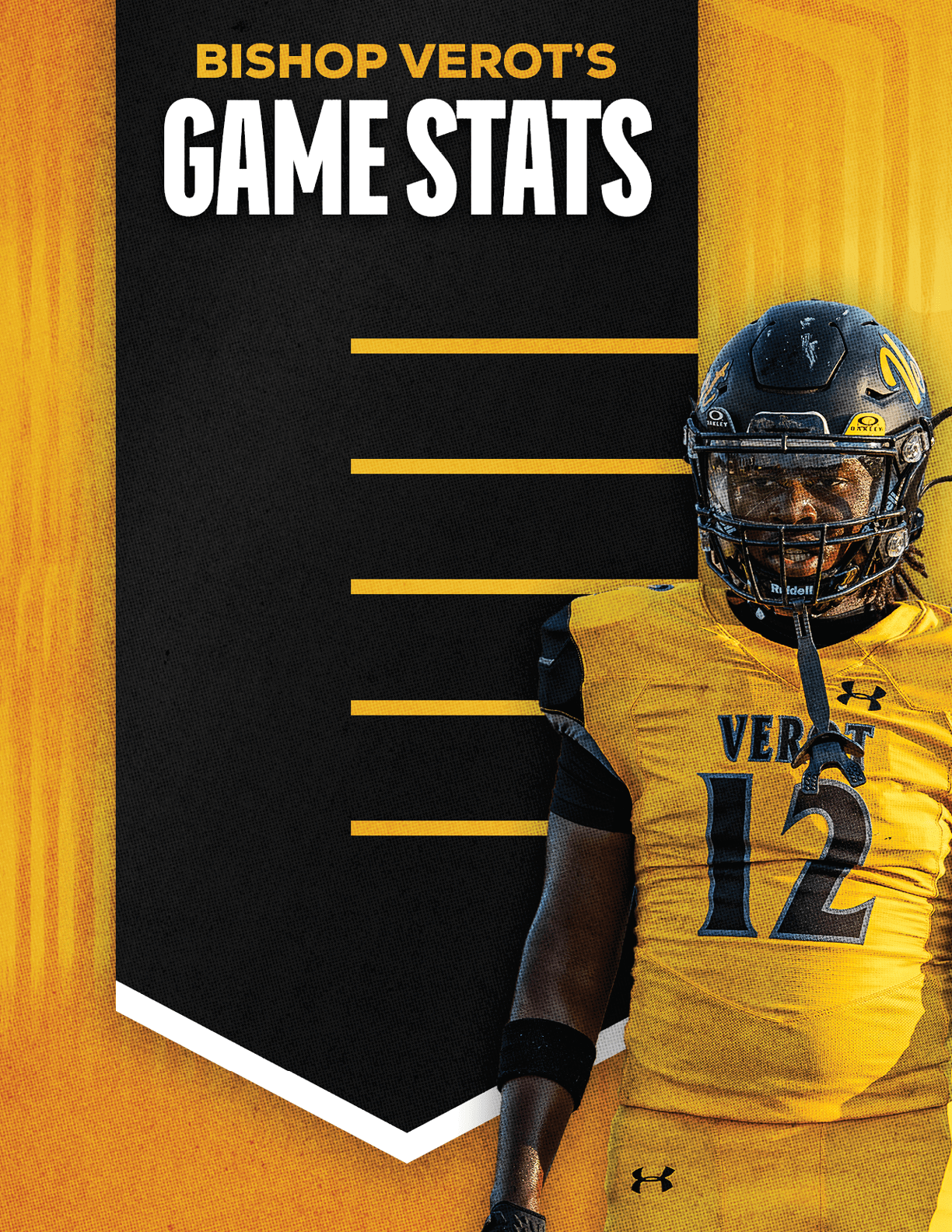 A person wearing a yellow and black football uniform with the number 12 stands next to a black banner with yellow text that reads Bishop Verot's Game Stats. Descripci n generada con IA