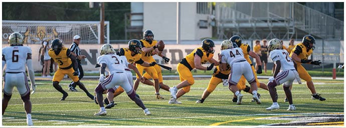 People in yellow and white football uniforms are engaged in a play on a football field with a goalpost and bleachers in the background. Descripci n generada con IA