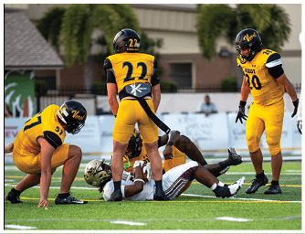 Four people in yellow and black football uniforms are on a field with palm trees and a building in the background. Descripci n generada con IA