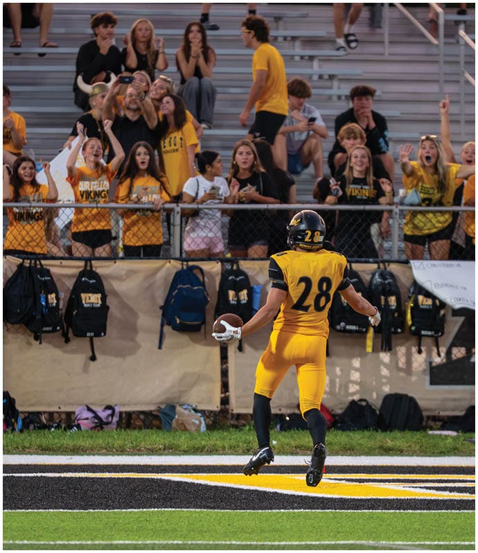 A person in a yellow football uniform with the number 28 is standing on a field near the end zone while a crowd of people in yellow and black clothing cheer behind a fence. Descripci n generada con IA