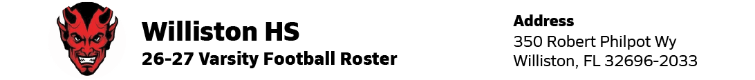 Williston High School varsity football roster header with the school logo and address in a simple black and white design. Descripci n generada con IA