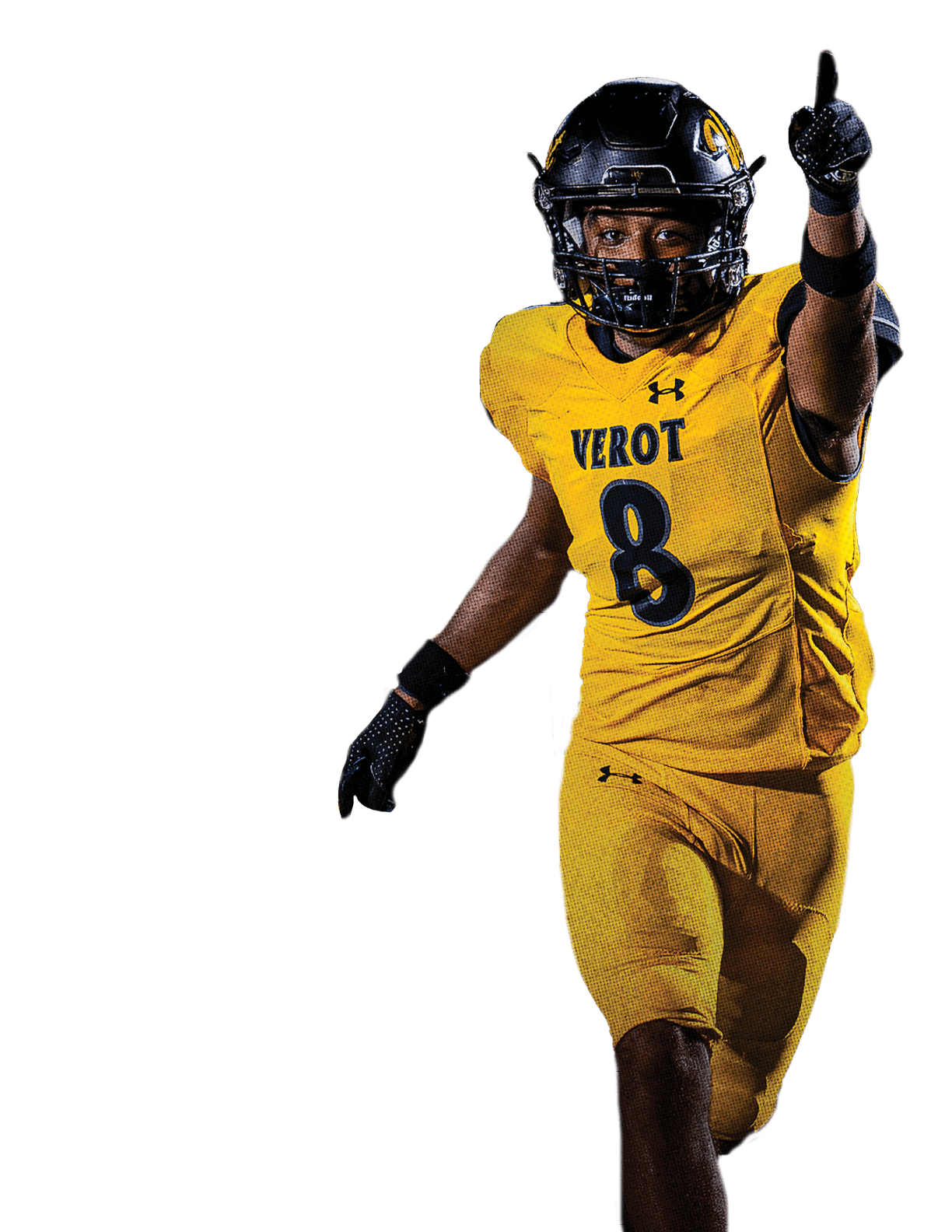 A person in a yellow football uniform with the number 8 and the word VAROT is raising one arm while running on a field during a game. Descripci n generada con IA
