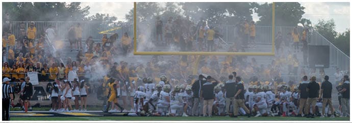 A crowd of people in yellow and black clothing is gathered in a stadium with smoke rising near the field goal post while players and cheerleaders are present on the sidelines. Descripci n generada con IA