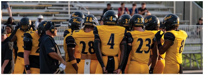A group of people wearing yellow and black football uniforms and helmets are gathered on a field with empty bleachers in the background. Descripci n generada con IA