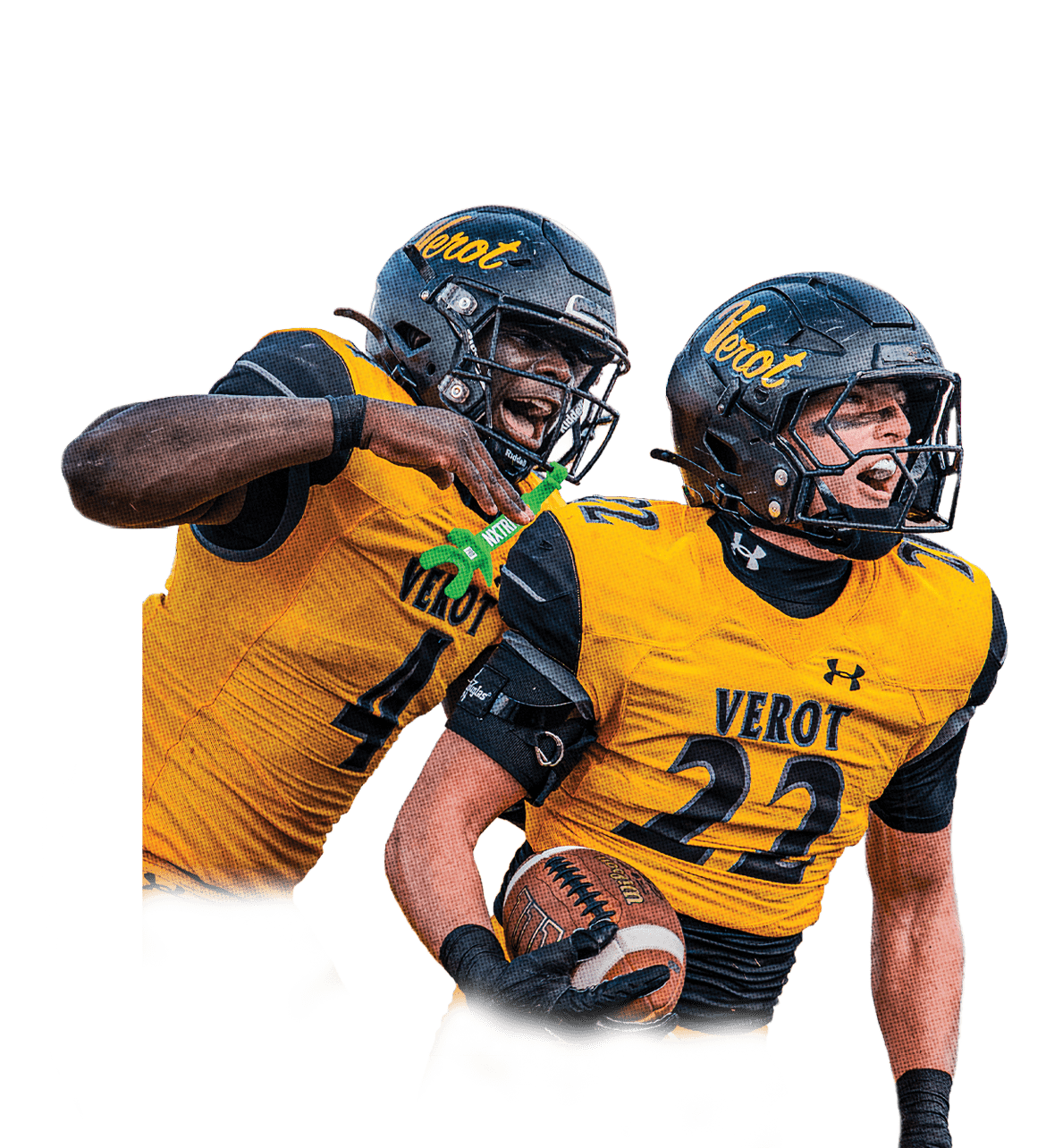 Two football players in yellow and black uniforms celebrate energetically on the field with one holding a football. Descripci n generada con IA