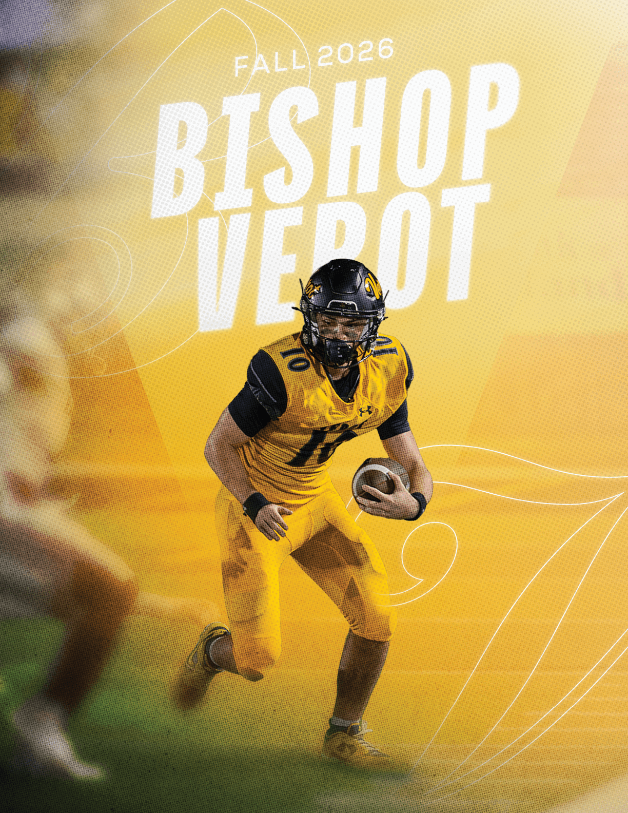 A person in a yellow and black football uniform is running with a football on a field with a yellow background that says “Fall 2026 Bishop Verot." Descripci n generada con IA