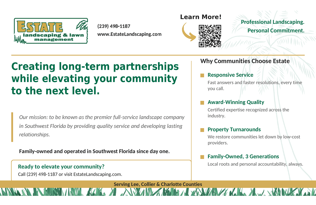 A professional landscaping and lawn management advertisement highlighting long-term community partnerships, responsive service, award-winning quality, property turnarounds, and family-owned values in Southwest Florida. Descripci n generada con IA