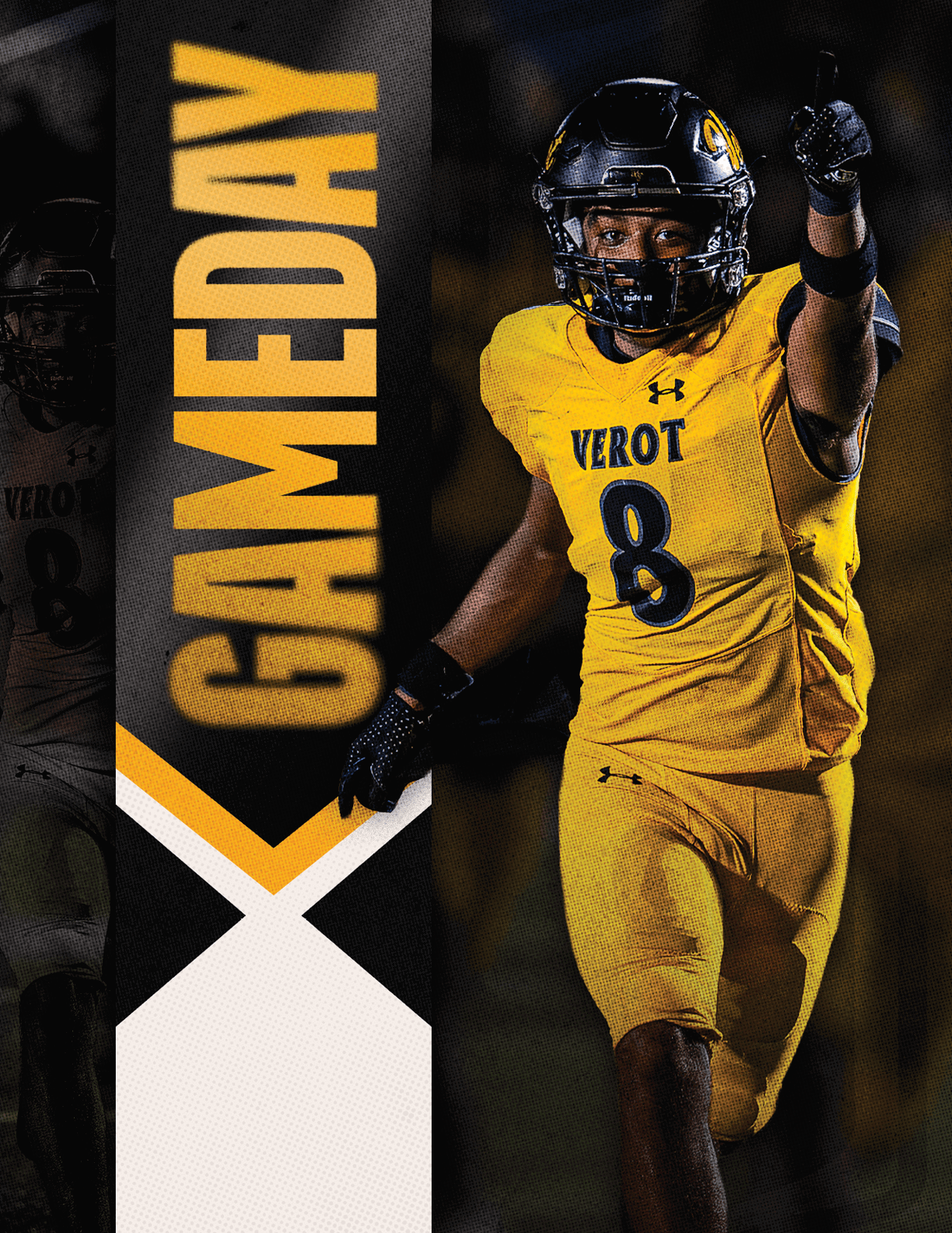 A person in a yellow football uniform with the number 8 and the word “VEROT" is pointing upward with one hand while standing on a field at night next to a vertical banner that says "GAMEDAY." Descripci n generada con IA