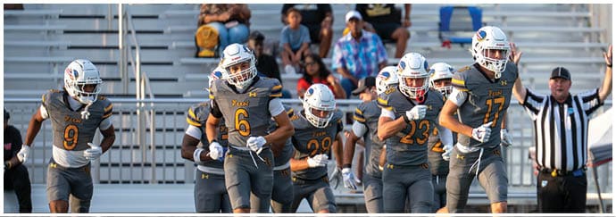 People in football uniforms are actively engaged in a play on a field with spectators in the background. Descripci n generada con IA