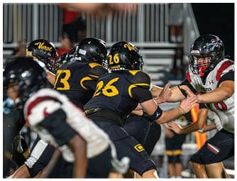Several people wearing football uniforms are engaged in a play on a field with one person in a white jersey reaching out toward others in black and yellow jerseys. Descripci n generada con IA