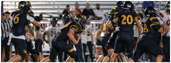People in black and yellow sports uniforms are playing football on a field with others in white uniforms in the background. Descripci n generada con IA