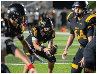 People in black and yellow football uniforms are positioned on a field with one person holding a football ready to snap it. Descripci n generada con IA