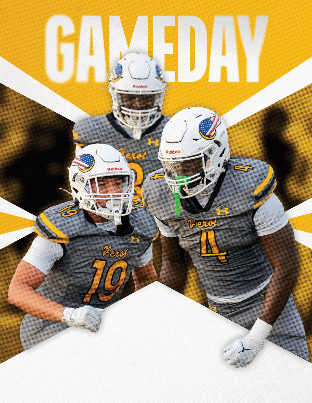 Three people in football uniforms and helmets are posed energetically in front of a graphic background with the word GAMEDAY in bold letters. Descripci n generada con IA
