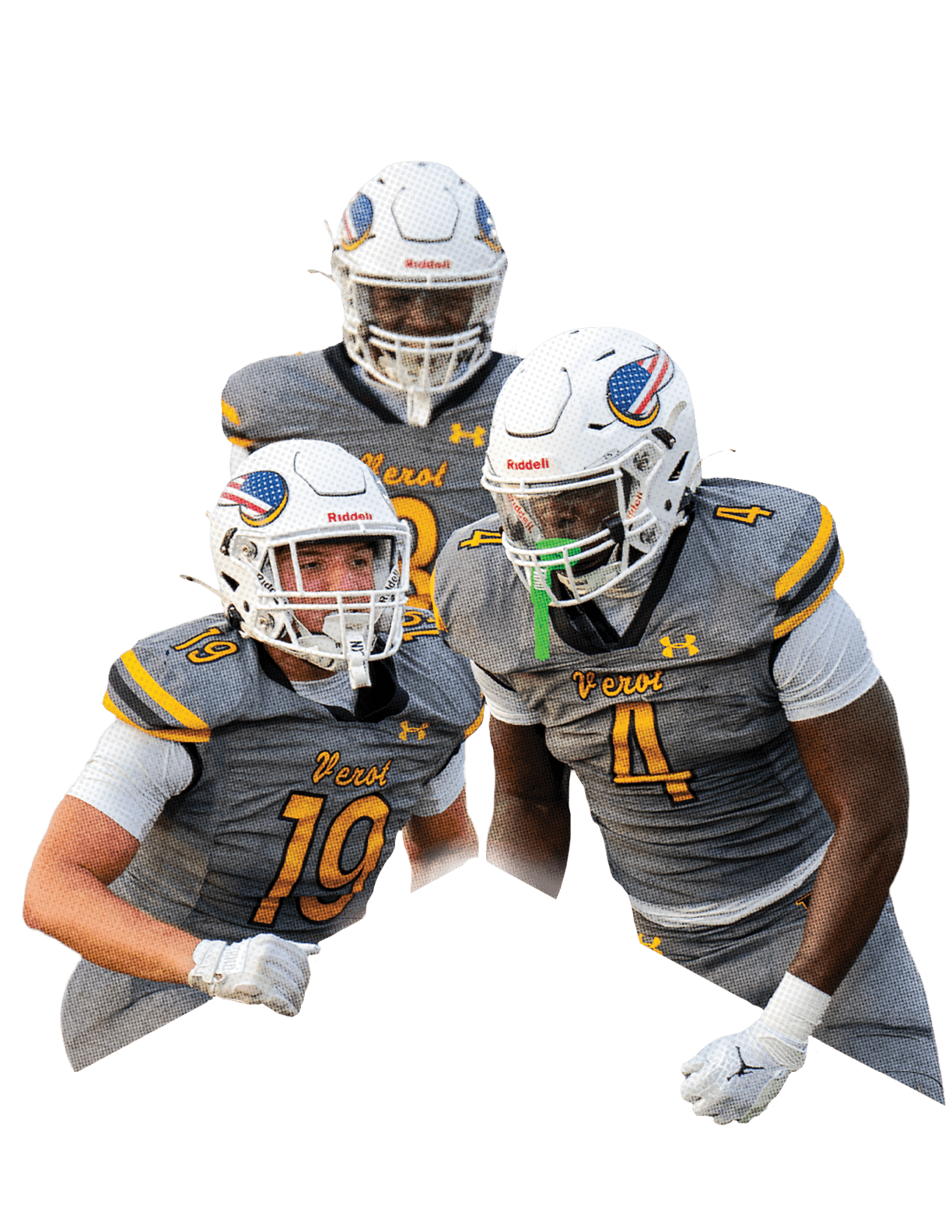 Three people in gray football uniforms with yellow lettering and white helmets are celebrating on a field during a game. Descripci n generada con IA
