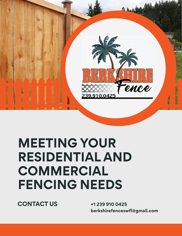 A promotional graphic for Berkshire Fence featuring palm trees, a wooden fence background, and text offering residential and commercial fencing services with contact information. Descripci n generada con IA