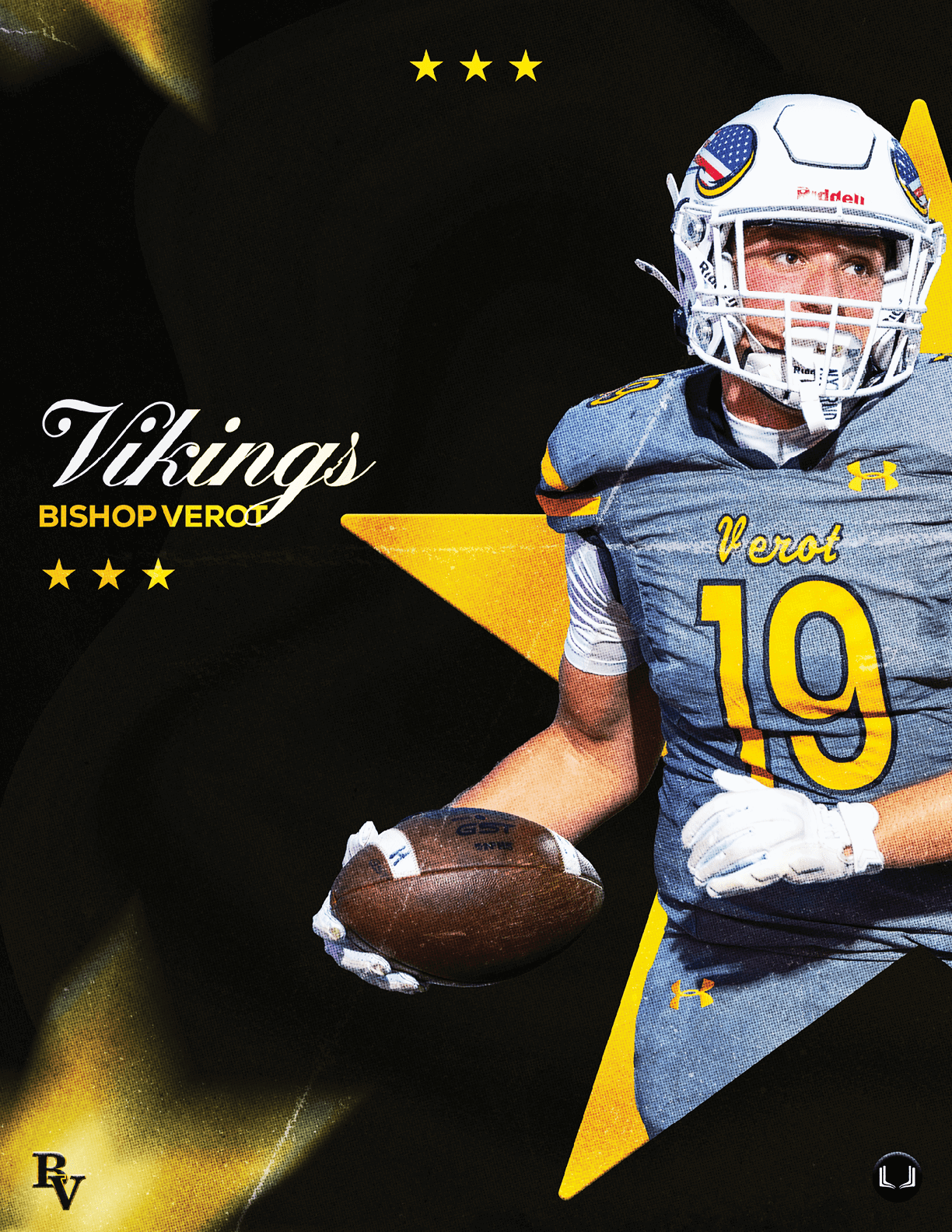 A person wearing a football uniform with the number 19 and holding a football is positioned in front of a large yellow star with the text Vikings Bishop Verot. Descripci n generada con IA