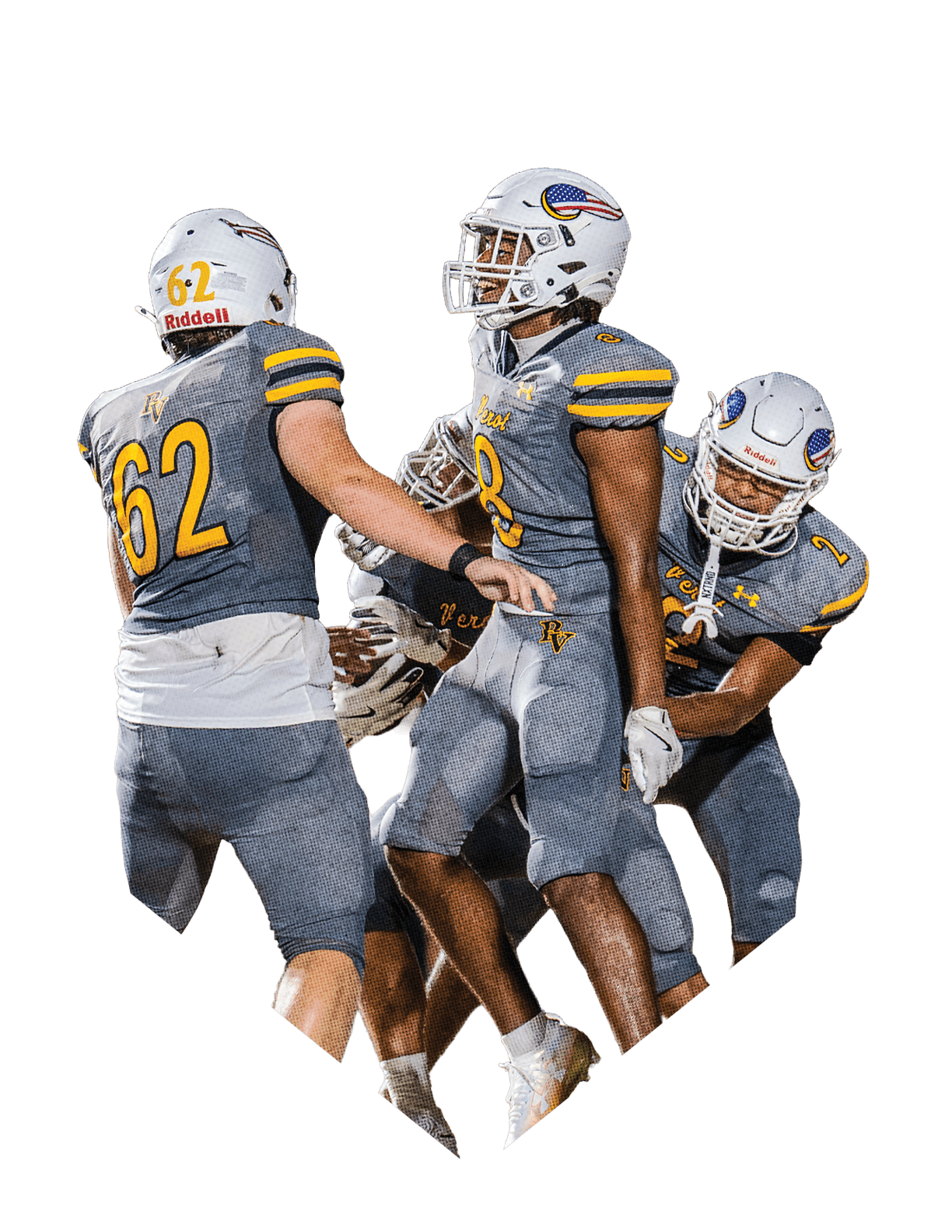 Two athletes in yellow and black football uniforms with helmets are celebrating energetically on the field with one holding a football. Descripci n generada con IA
