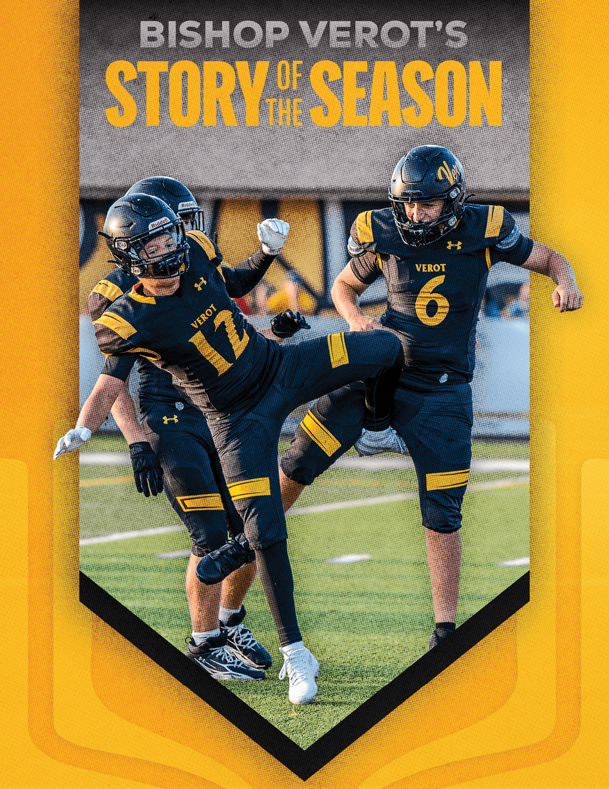 Three people in black and yellow football uniforms are celebrating on a field with the text Bishop Verot's Story of the Season above them. Descripci n generada con IA