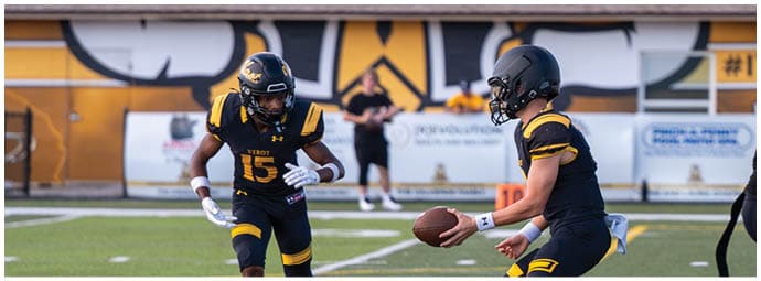 People in black and yellow football uniforms are playing on a green field with white and yellow markings. Descripci n generada con IA