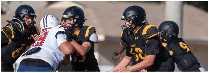 People wearing helmets and football uniforms are engaged in a play on a football field. Descripci n generada con IA
