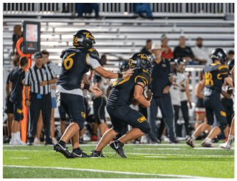 Two football players in black and yellow uniforms are on a field with one handing off the ball to the other while people and officials stand in the background. Descripci n generada con IA