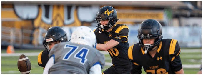 A group of people wearing black and yellow football uniforms are engaged in a play on a football field with one person preparing to throw the ball. Descripci n generada con IA