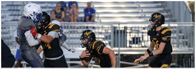 People wearing black and yellow football uniforms are engaged in a play on a football field with one person holding the ball and others preparing to block or tackle. Descripci n generada con IA