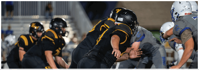 People in black and yellow football uniforms are lined up on the field facing opponents in gray and blue uniforms during a game. Descripci n generada con IA