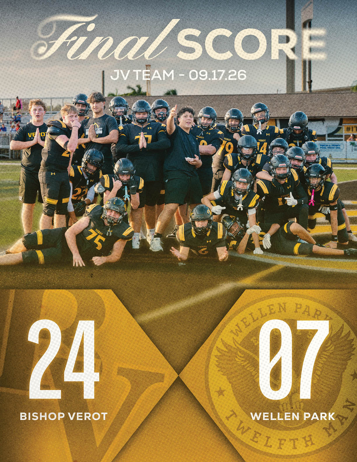 A group of people in black and yellow sports uniforms pose on a football field with a scoreboard showing the final score of a junior varsity game between Bishop Verot and Wellen Park. Descripci n generada con IA