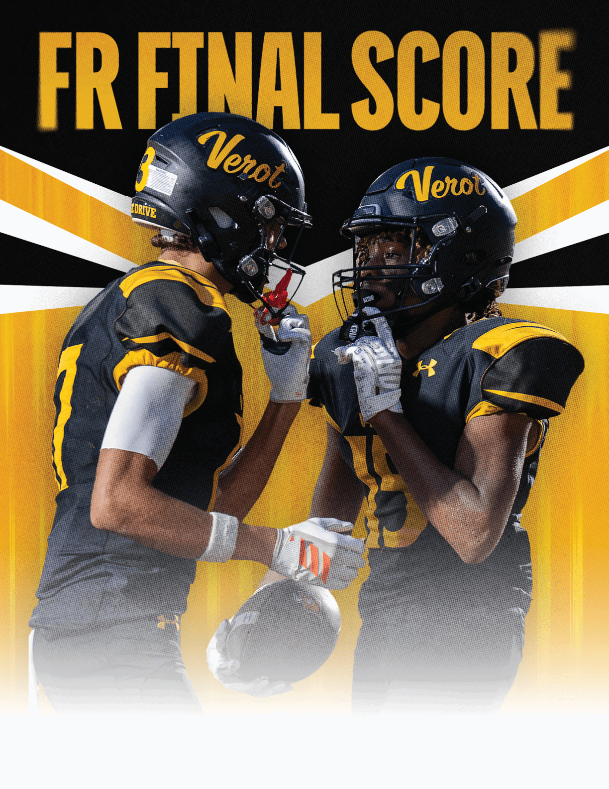 Two people in black and yellow football uniforms with helmets face each other with one holding a football and the other making a gesture, with the words FINAL SCORE in bold yellow text above them. Descripci n generada con IA