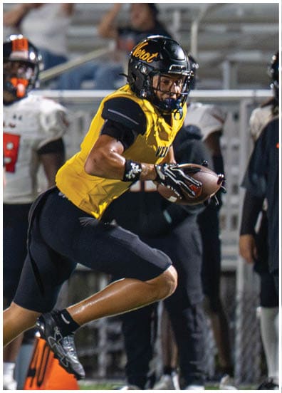 A person in a yellow and black football uniform is running on a field while holding a football, with several people standing in the background. Descripci n generada con IA
