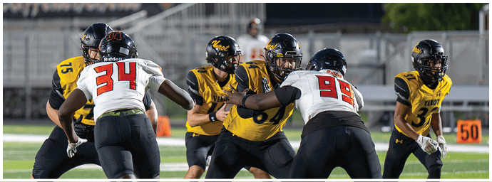 People wearing football uniforms are engaged in a play on a field with some players blocking and others preparing to move. Descripci n generada con IA