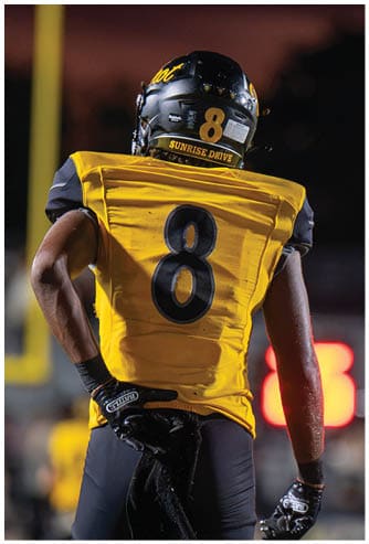 A person wearing a yellow and black football uniform and helmet is seen from behind on a field with a blurred goalpost in the background. Descripci n generada con IA