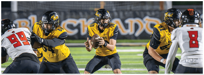 People wearing yellow and black uniforms are playing football on a field while holding and blocking for the ball. Descripci n generada con IA