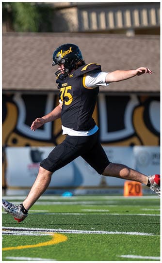 A person wearing a black and yellow football uniform is kicking a football on a green field. Descripci n generada con IA