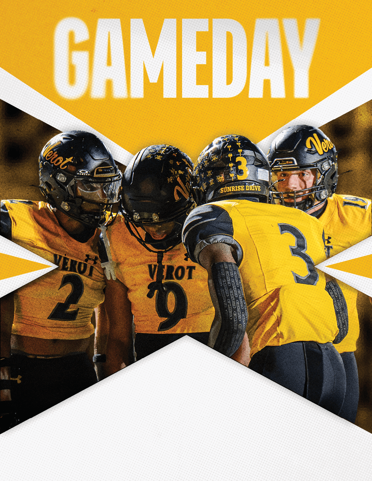 Four football players in yellow and black uniforms huddle together under the bold white text “GAMEDAY" on a yellow background. Descripci n generada con IA