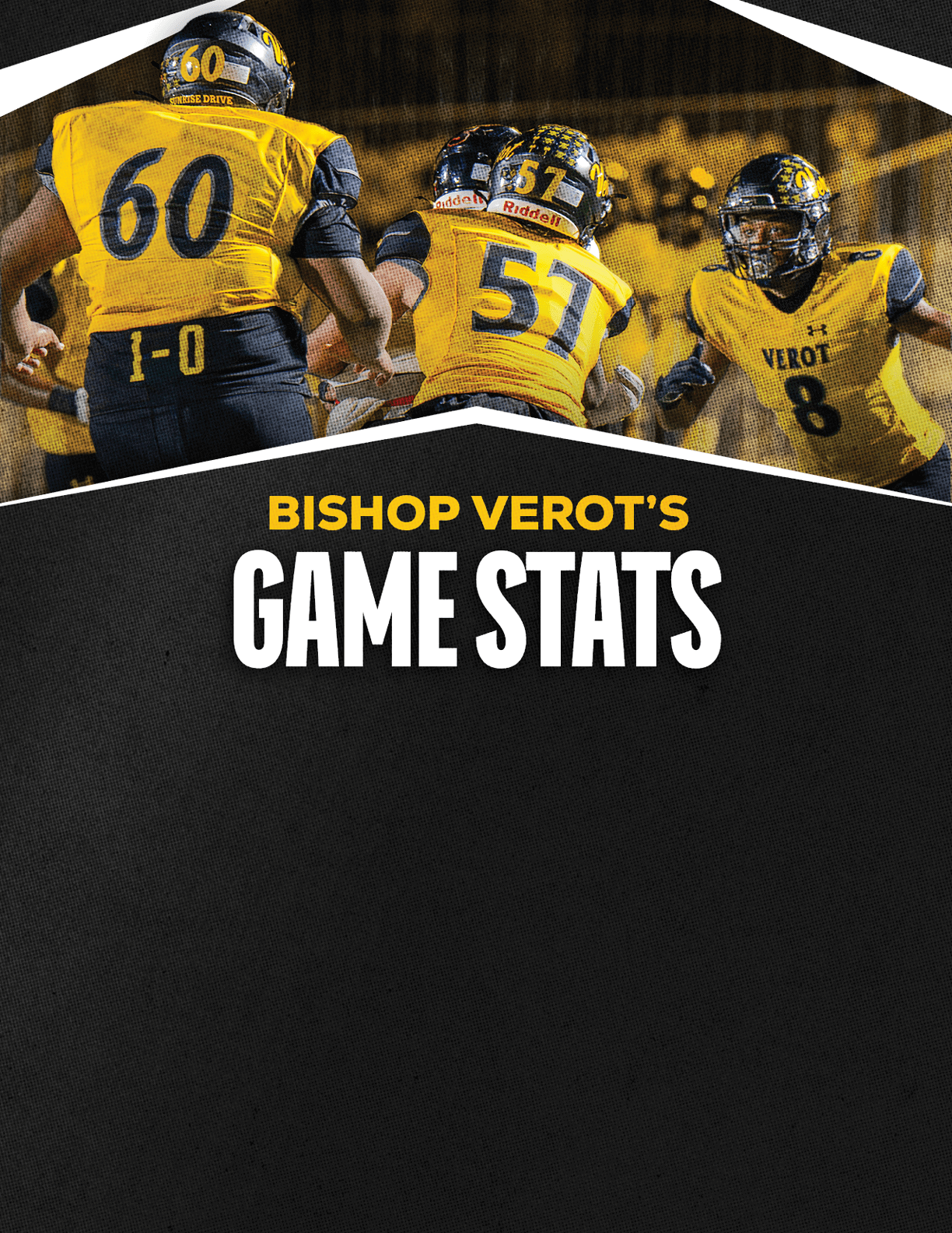 Three people in yellow and black football uniforms are on a field with the text Bishop Verot's Game Stats below them on a black background. Descripci n generada con IA