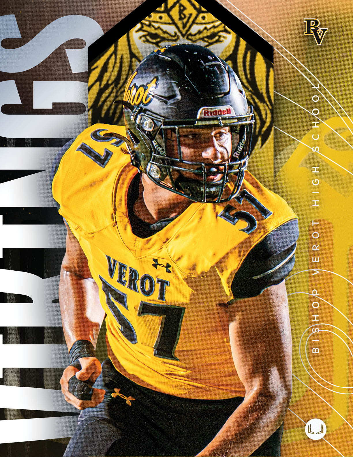 A person wearing a yellow and black football uniform with the number 57 and a black helmet is in an athletic stance with a focused expression. Descripci n generada con IA