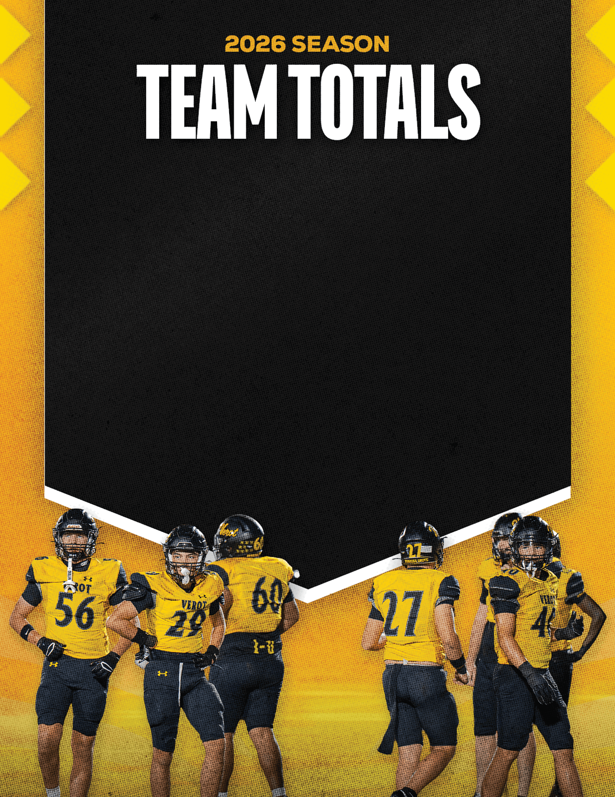 A group of six people wearing yellow and black football uniforms stand on a field beneath a black and yellow graphic banner that reads 2026 season team totals. Descripci n generada con IA