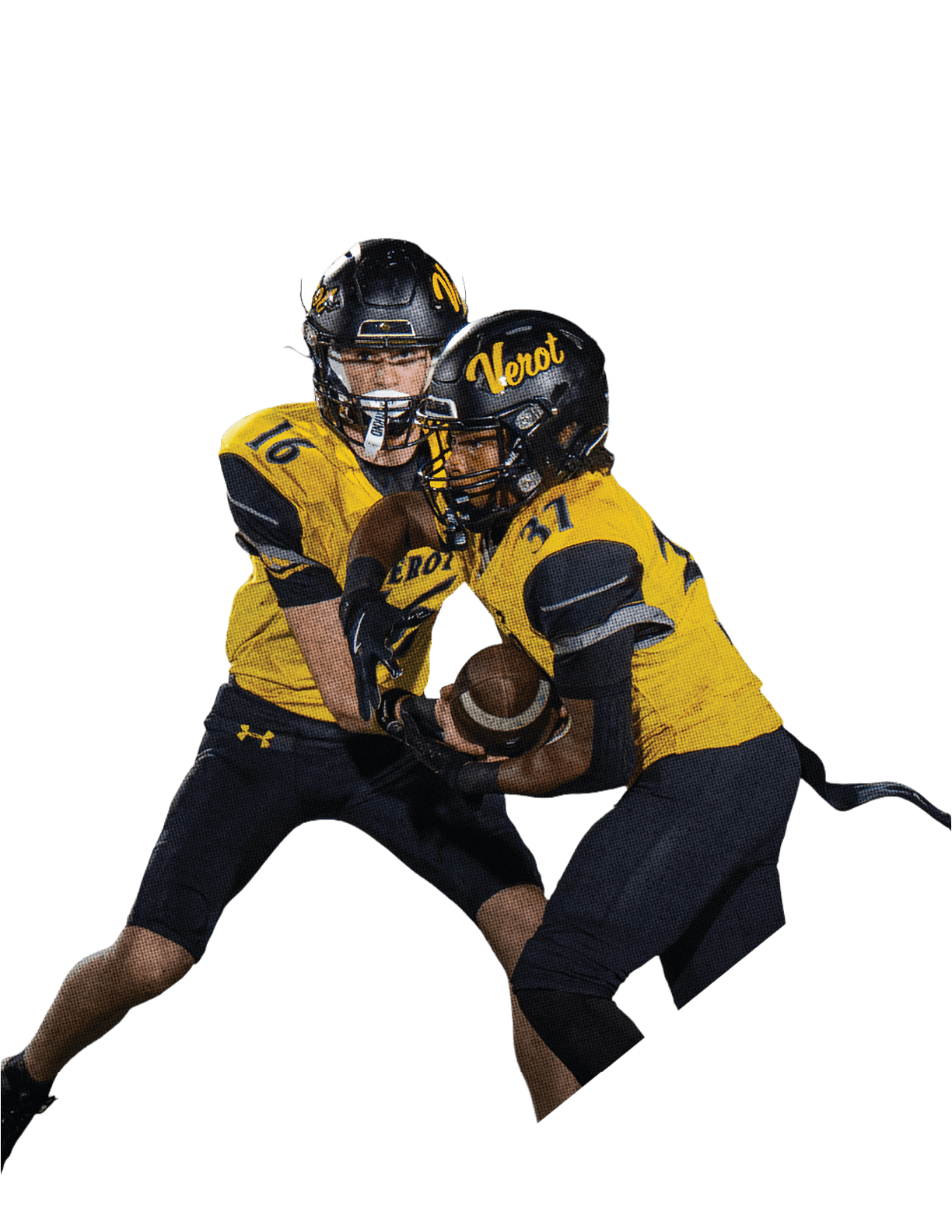 Two people wearing yellow and black football uniforms are actively engaged in a play on a football field, with one person holding the ball and the other positioned behind. Descripci n generada con IA