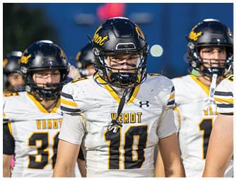 A person wearing a black football helmet and white jersey with yellow and black stripes is on a field with other similarly dressed people in the background. Descripci n generada con IA